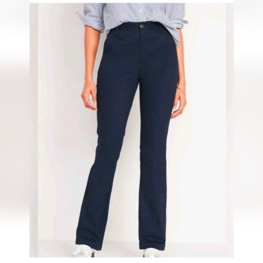 NWT Old Navy Chino Pants Blue High Rise Flare Chino Adjustable Waist Stretch 12